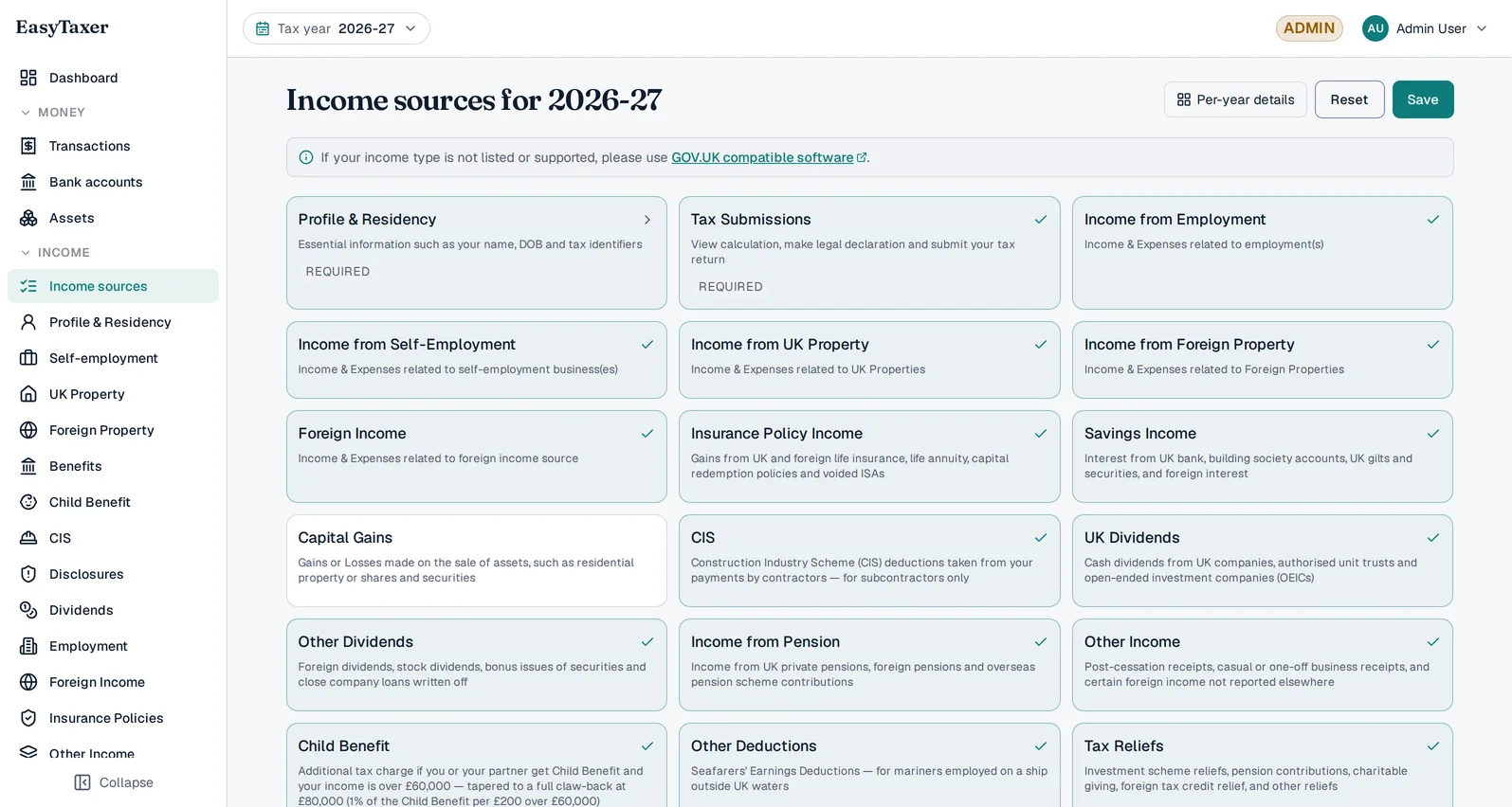 EasyTaxer income sources screen — every HMRC income type, from self-employment and property to dividends, pensions and capital gains, selectable in one grid.