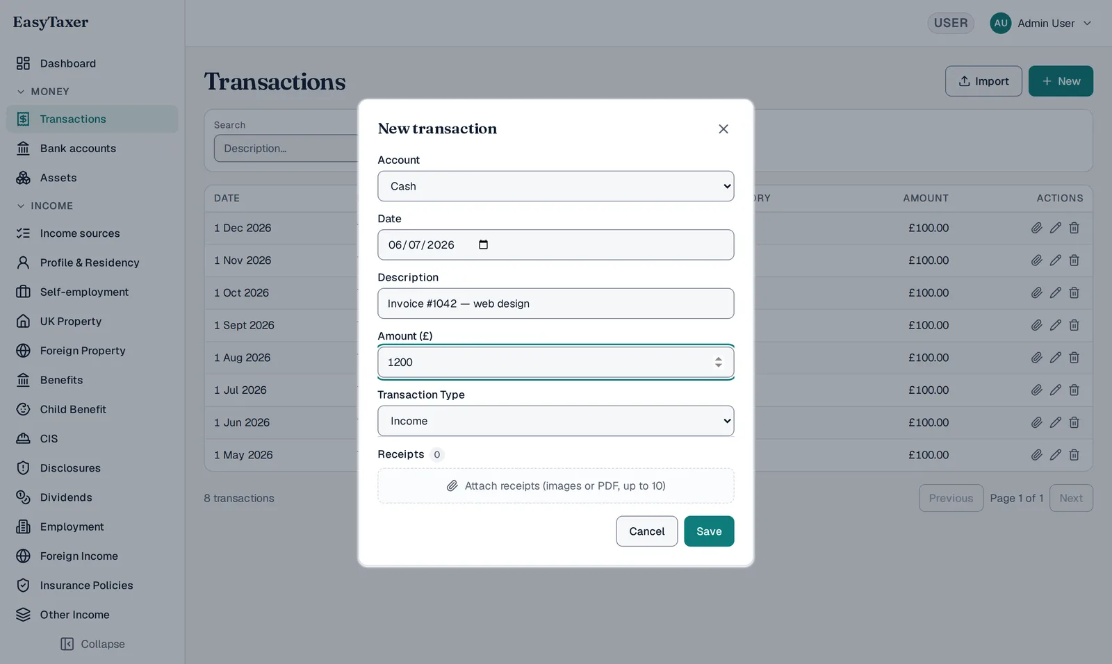 The EasyTaxer new-transaction dialog — account, date, description, amount, transaction type and receipt attachment — over the transactions list.