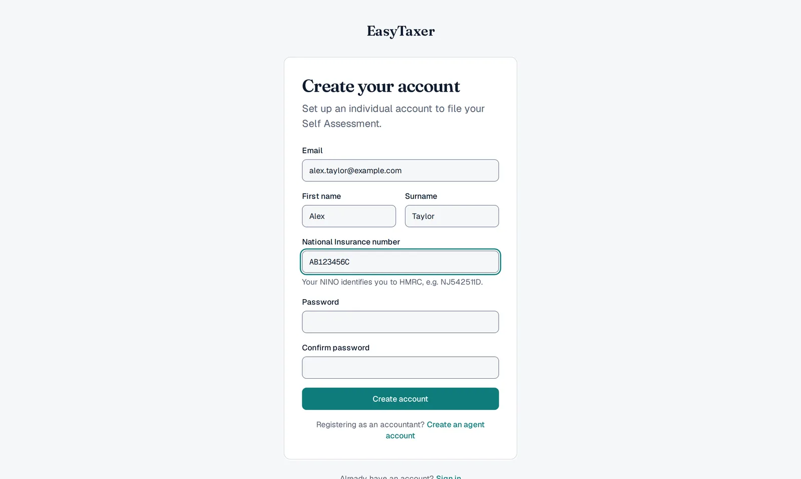 The EasyTaxer create-account form — email, first and last name, National Insurance number and password.