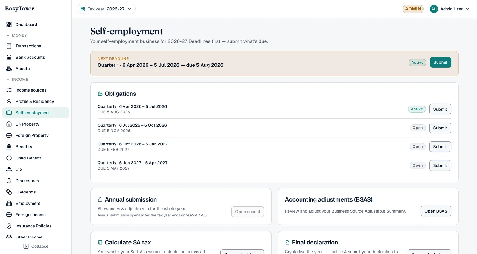EasyTaxer self-employment screen — the next quarterly deadline highlighted, with obligations, annual submission, BSAS and final declaration all in one view.
