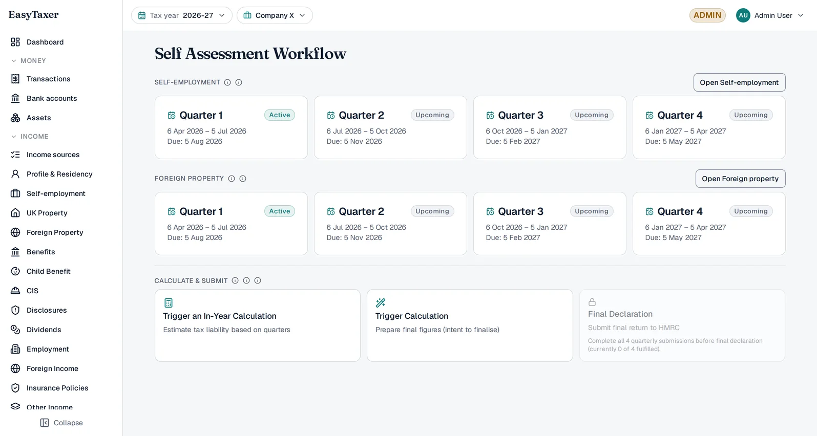 EasyTaxer Self Assessment workflow screen — quarterly update cards for each business showing active and upcoming HMRC deadlines.