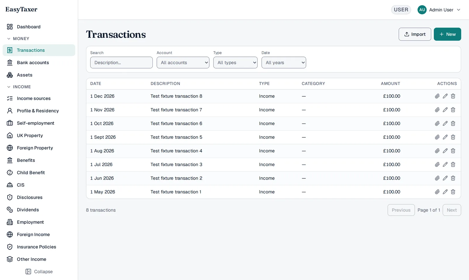 The EasyTaxer transactions list showing income and expense rows with date, description, type, category and amount, filterable by account, type and date.