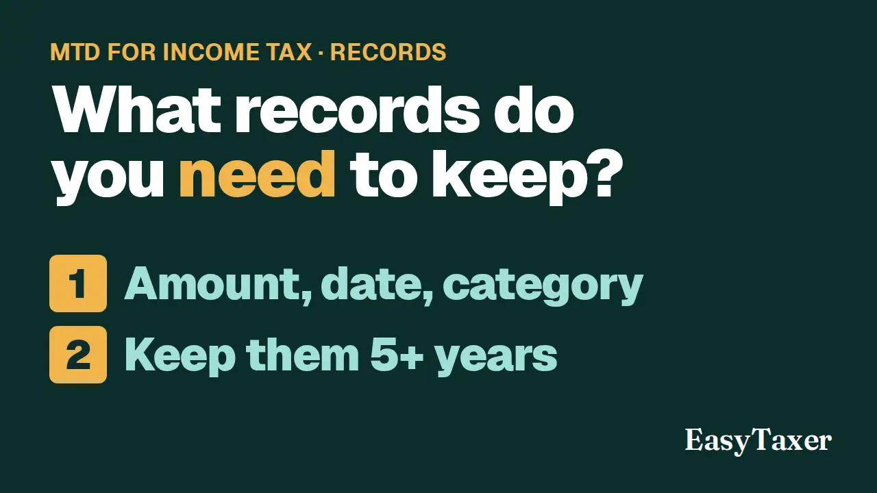 A still from the video: a dark green title slide labelled MTD for Income Tax, Records, listing two numbered steps, Amount, date, category and Keep them 5+ years, with the EasyTaxer logo in the corner, under the title What records do you need to keep?