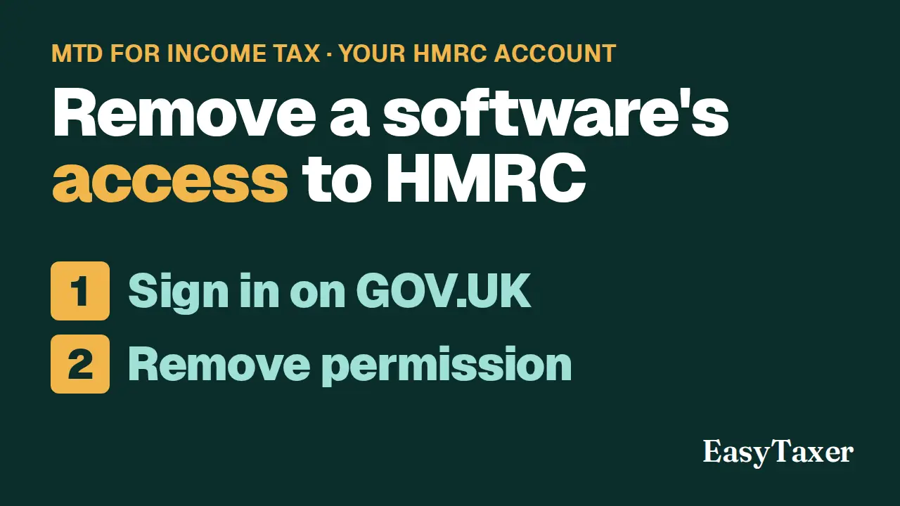 A still from the video: a dark green title slide labelled MTD for Income Tax, Your HMRC account, listing two numbered steps, Sign in on GOV.UK and Remove permission, with the EasyTaxer logo in the corner, under the title Remove a software's access to HMRC.