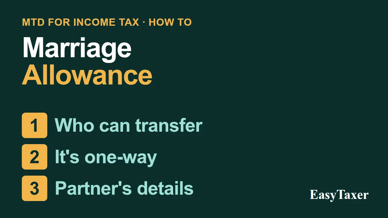 A still from the video: a dark green title slide labelled MTD for Income Tax, How to, listing three numbered steps, Who can transfer, It's one-way, and Partner's details, with the EasyTaxer logo in the corner, under the title Marriage Allowance.