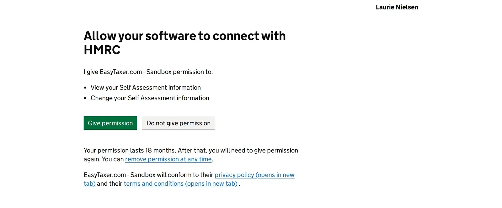 The permissions section of HMRC's own authorise screen: the heading "Allow your software to connect with HMRC", the two permissions you grant EasyTaxer — view and change your Self Assessment information — and the Give permission / Do not give permission buttons.